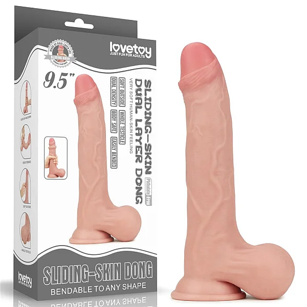 Dildo Realistic Sliding Skin Dual Layer Dong - Whole Testicle, Natural, 24.5 Cm