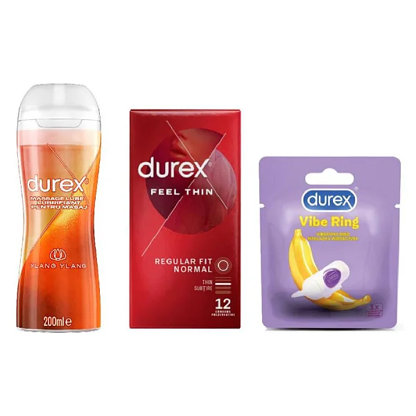 Pachet Durex Prezervative Feel Thin 12 Bucati + Inel Vibrator + Lubrifiant Masaj Senzual 200 Ml