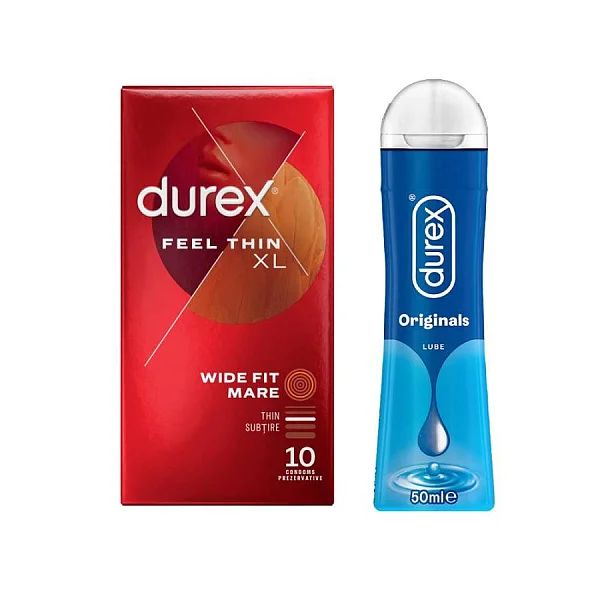 Pachet Durex Prezervative Feel Thin Xl 10 Bucati + Lubrifiant Originals 50 Ml