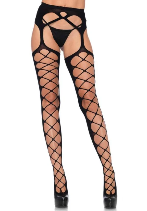 Diamond Net Opaque Stockings, Black, O/s