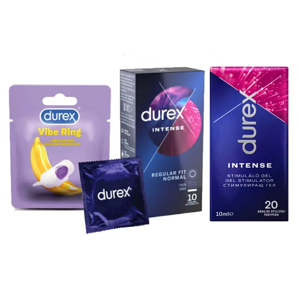 Pachet Prezervative Durex Intense 10 Bucati + Lubrifiant Intense Gel 10 Ml + Inel Vibrator