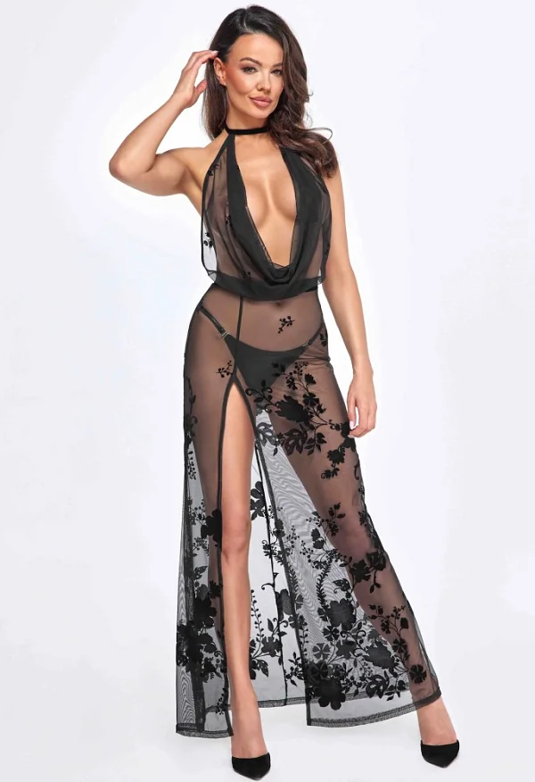 Divinity Long Flocked Mesh Dress With Open Back - L