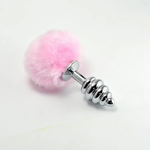 Dop Anal Metalic Spirala Cu Pompon, Roz, 7 Cm
